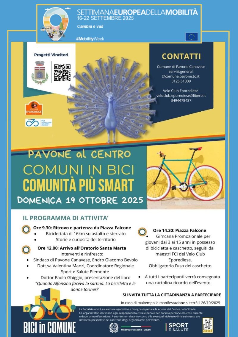 Il Comune di Pavone Canavese con il Velo Club Eporediese, organizzano Domenica 19 ottobre 2025, Bici in Comune, una biciclettata per le vie e i borghi di Pavone Canavese. 
Lungo il percorso di 16km su strade asfaltate e sterrate, racconti di storie e curiosità del territorio. Potete raggiungere Piazza Falcone alle ore 9.30 già in sella alle vostre bici per abbracciare uno stile di vita sano e sostenibile!
