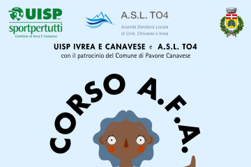 Locandina Corsi AFA presso la Palestra delle Scuole Medie di Pavone Canavese (Via Vignale 13), ogni martedì e giovedì dalle 17.00 alle 18.00. I corsi sono dedicati agli over65, in particolare a chi conduce uno stile di vita sedentario.