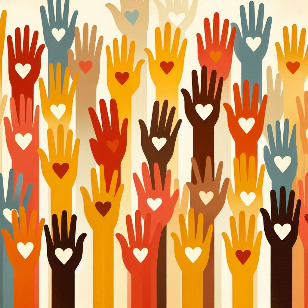 Mani di diversi colori e cuori che rappresentano i volontari.